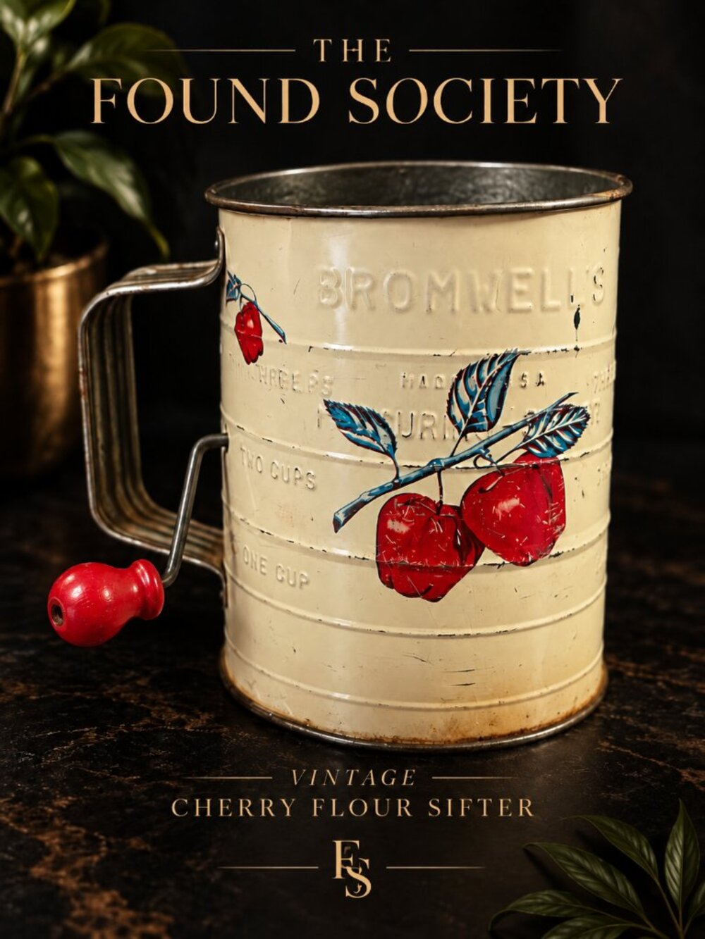 Vintage 1940s Bromwell’s 3 Cup Flour Sifter Cherry Fruit Motif USA